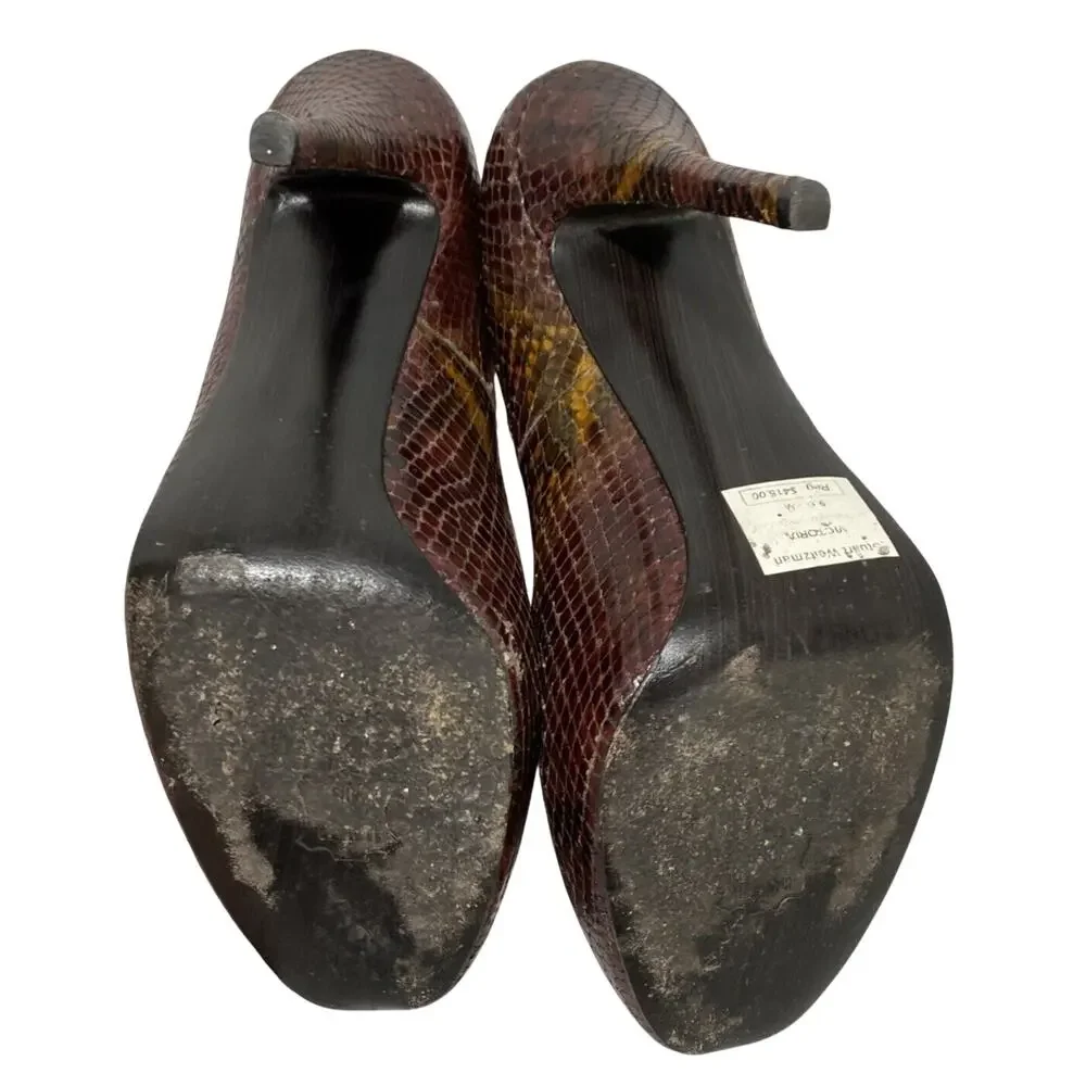 Stuart Weitzman 'Victoria' Brown Python high heel platform peep toe pumps US 9M